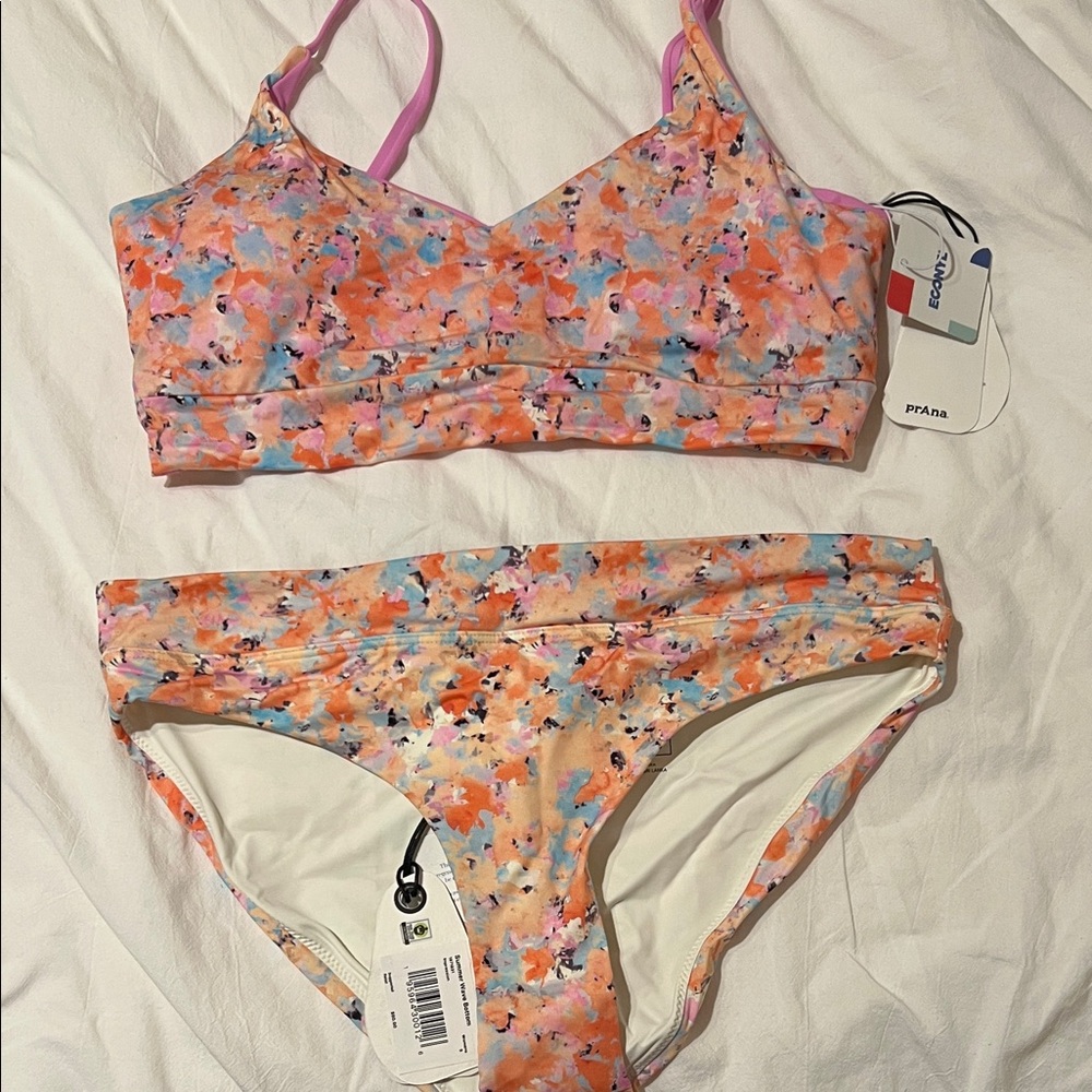 Prana Multicolor Watercolor Floral Bikini — Peach, Pink & Blue